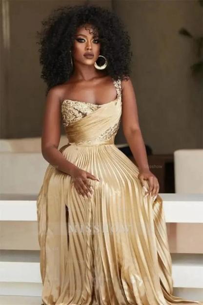 Designer A-line One Shoulder Sequined Prom Dress With Slit