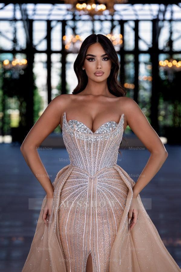 Designer Champagne Sleeveless Sweetheart Mermaid Prom Dress with Detachable Train