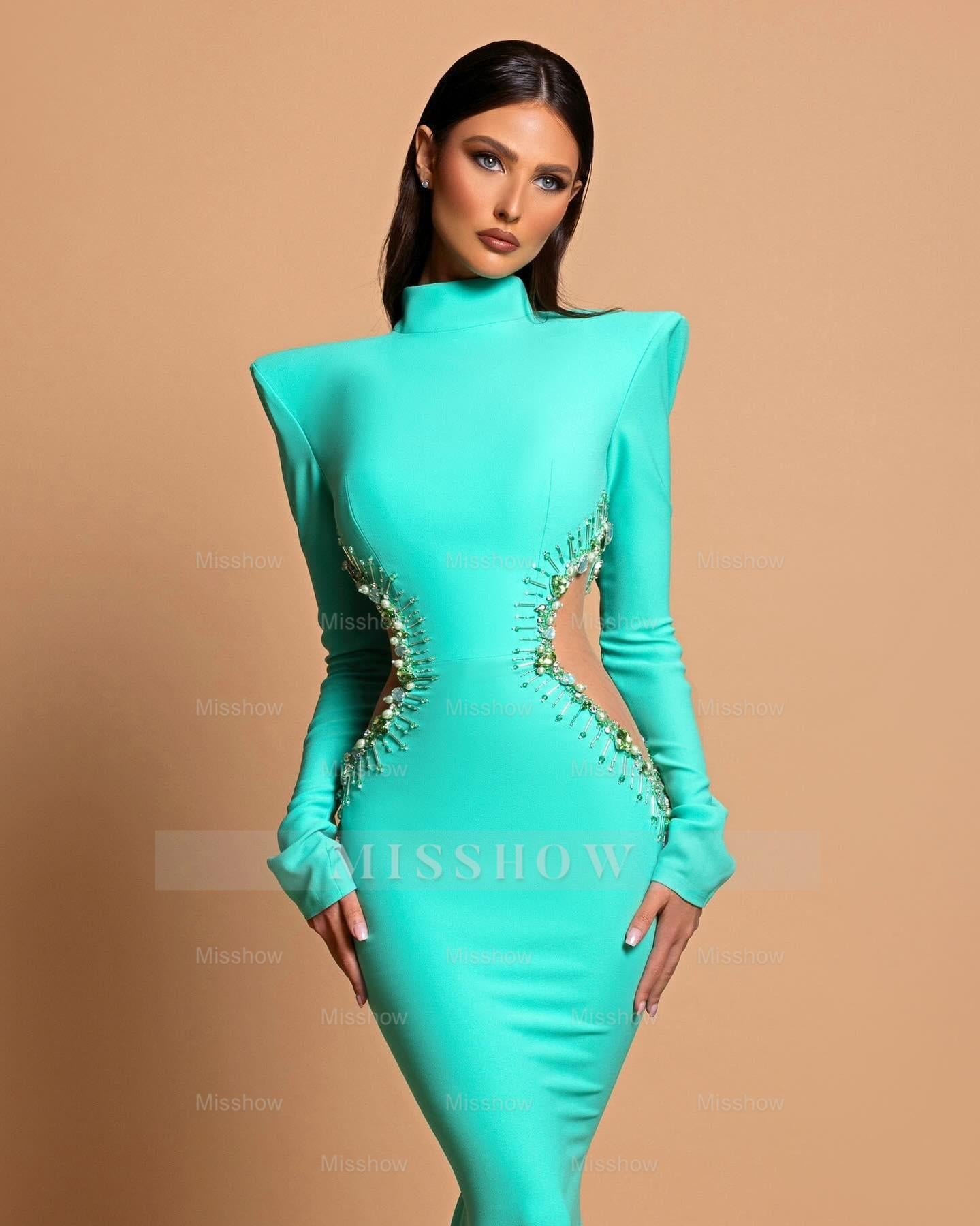 Designer Column High Neck Long Sleeve Beading Satin Prom Dress