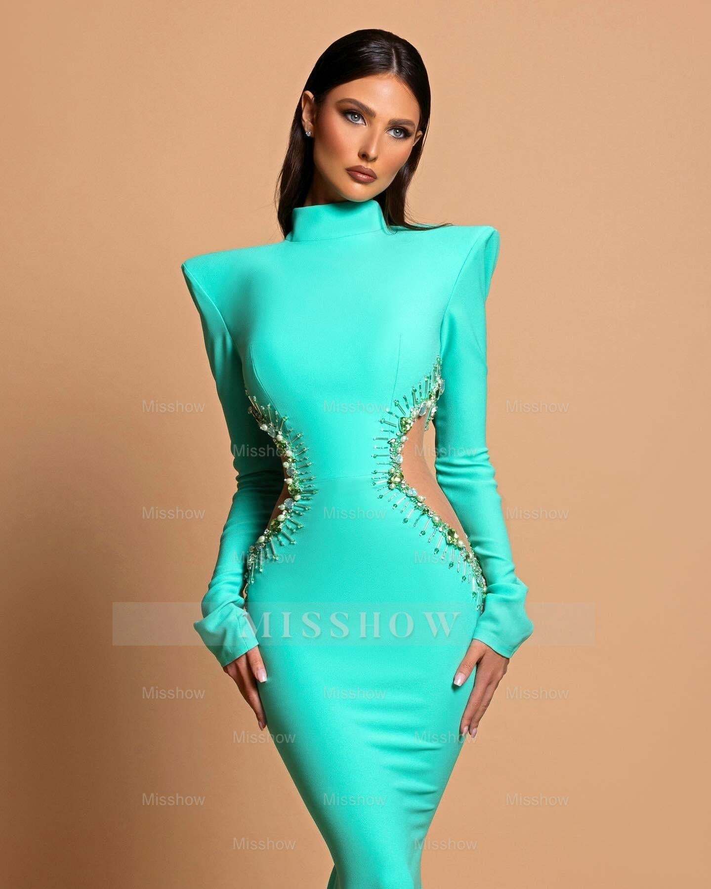 Designer Column High Neck Long Sleeve Beading Satin Prom Dress