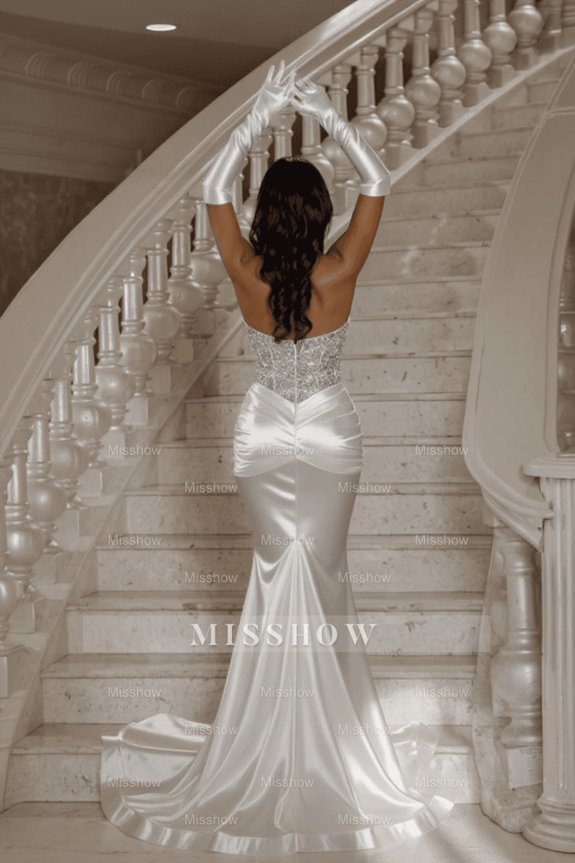 Designer Column Satin Halter Sleeveless Silver Prom Evening Dresses With Sequined