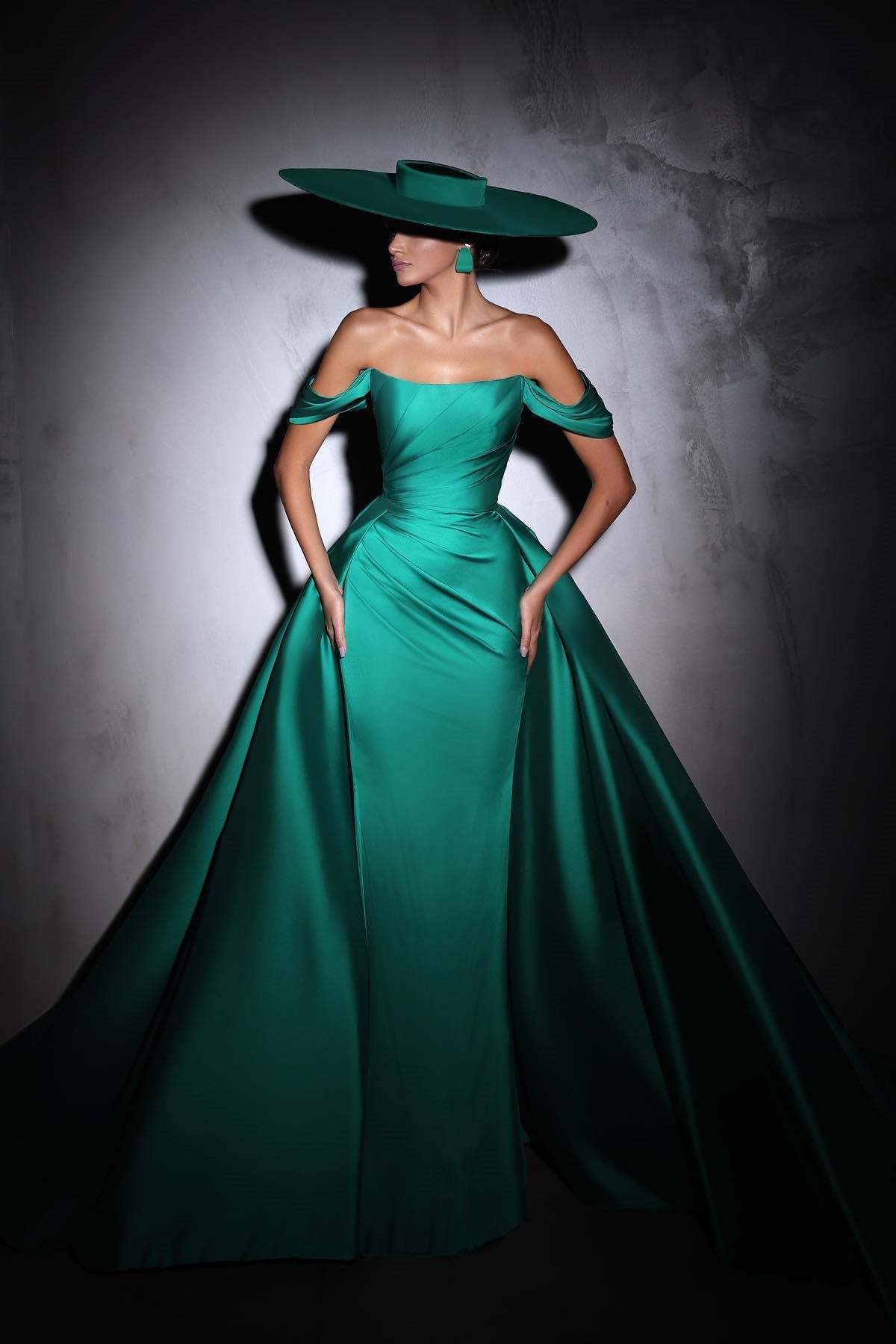 Designer Column Satin Off-The-Shoulder Sleeveless Prom Dress With Ruffles Train