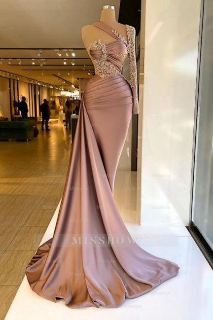 Designer Column Satin One Shoulder Long Sleeve Prom Evening Dresses With Ruffles