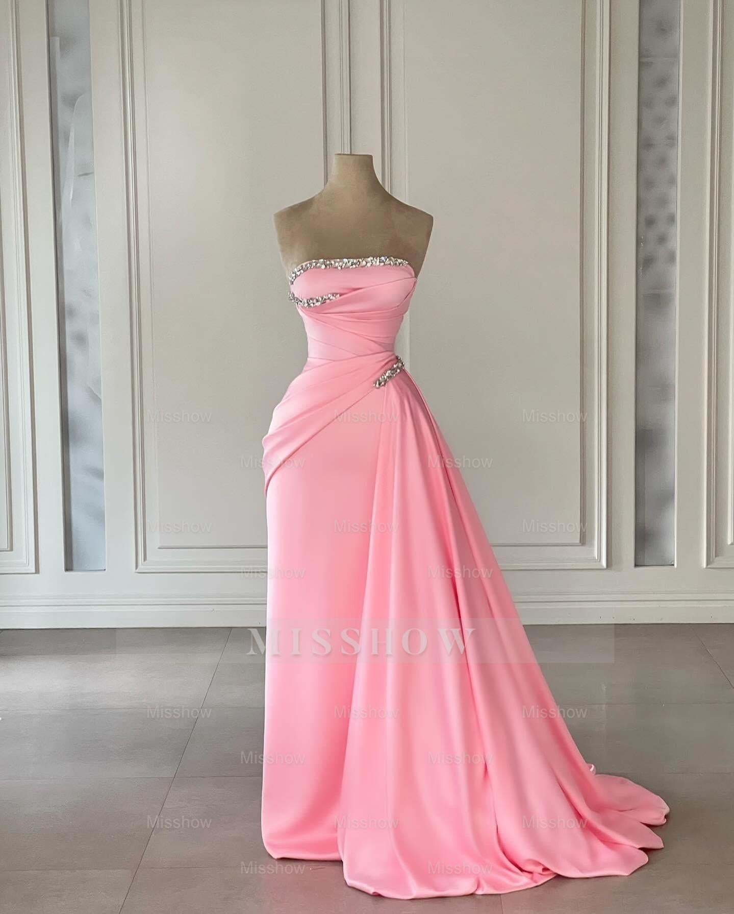 Designer Column Satin Strapless Sleeveless Pink Prom Dresses With Rhinestone