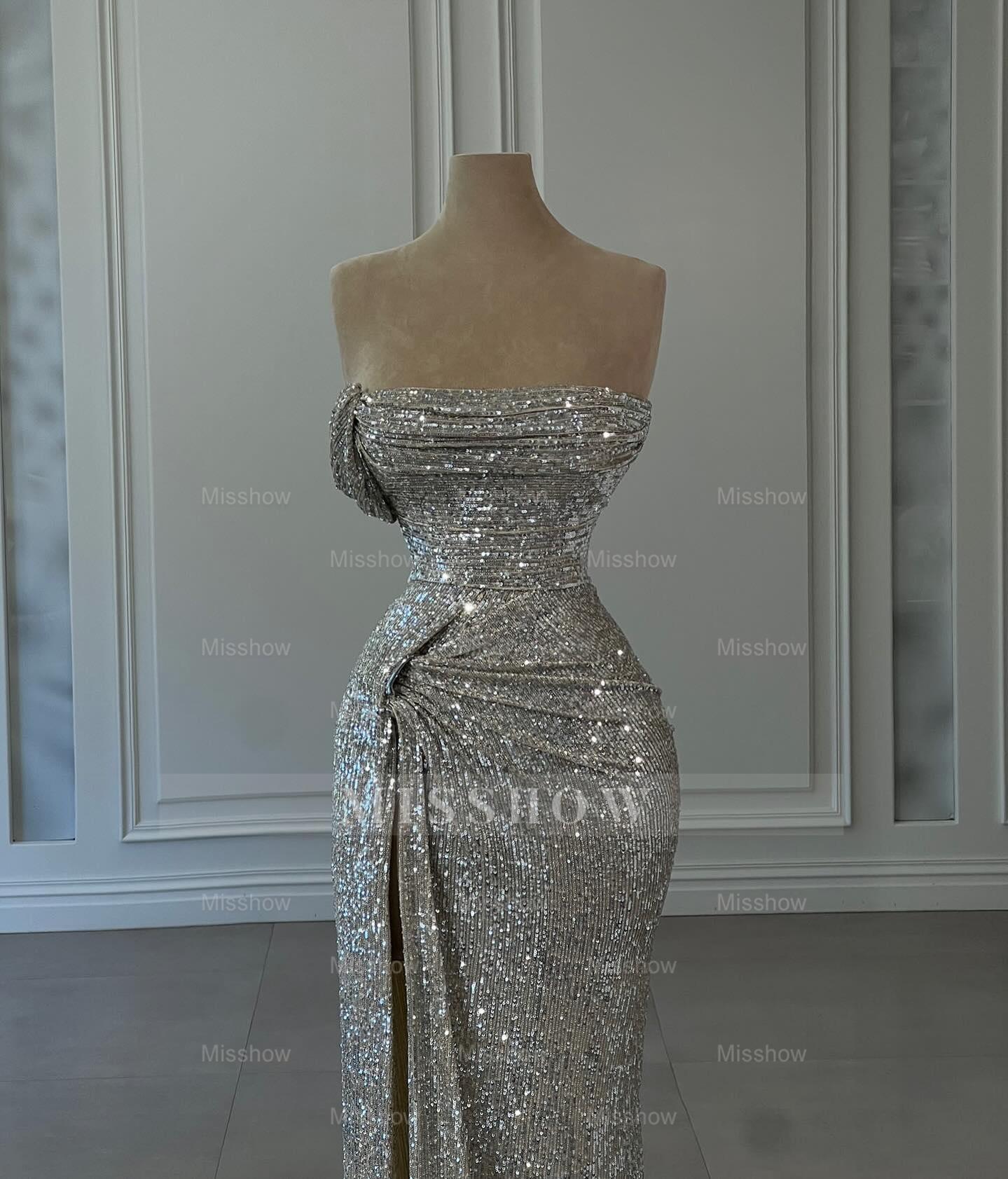 Designer Column Sequined Strapless Sleeveless Prom Dresses With Ruffles