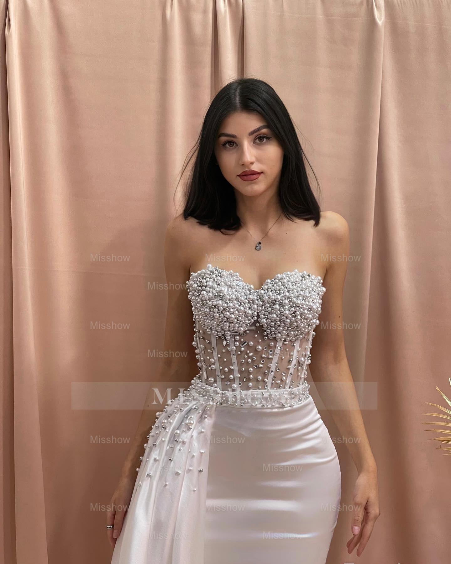 Designer Column Sweetheart Sleeveless Beading Tulle Satin Wedding Dress