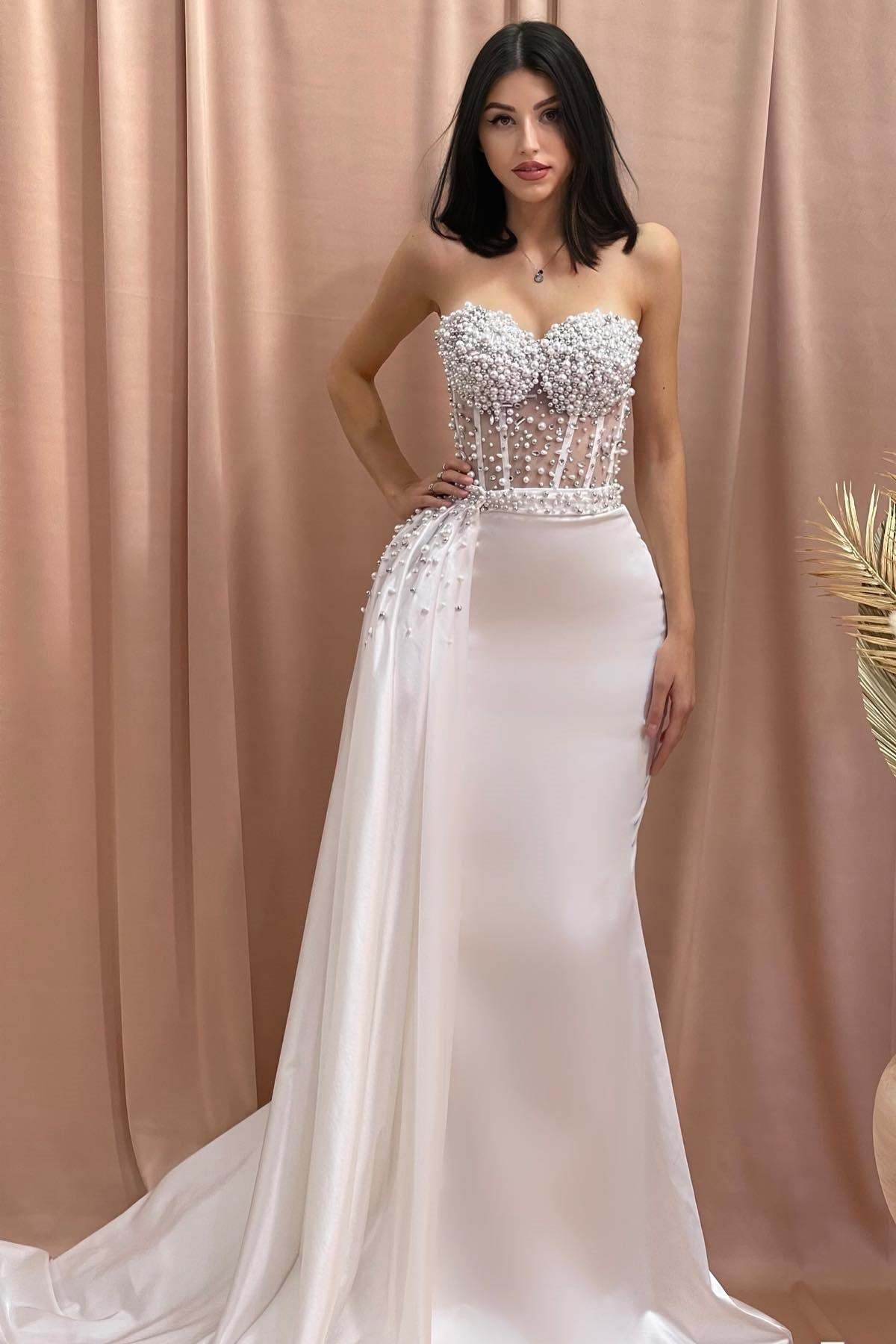 Designer Column Sweetheart Sleeveless Beading Tulle Satin Wedding Dress