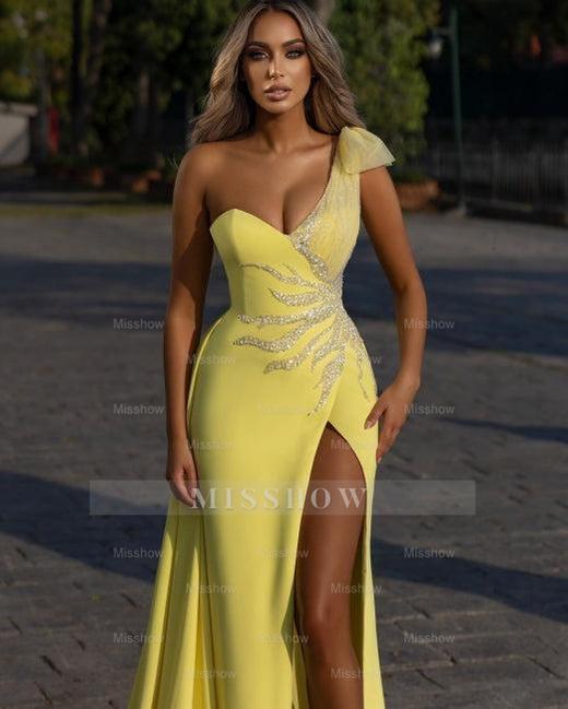 Designer Elegant Long Yellow Split Prom Evening Dresses with Glitter