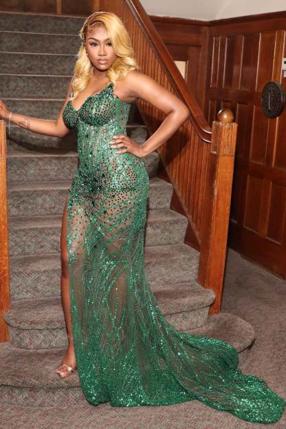 Designer Emerald Strapless V-neck Beaded Lace Prom Dress with Slit