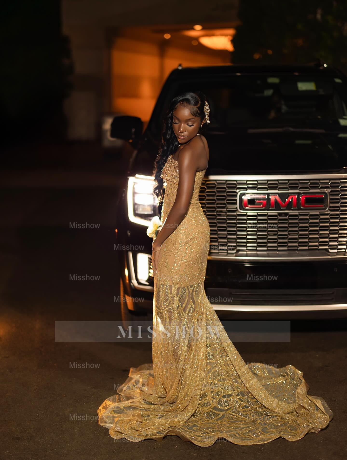 Designer Gold Strapless Sleeveless Mermaid Dress with Appliques and Sheer Train