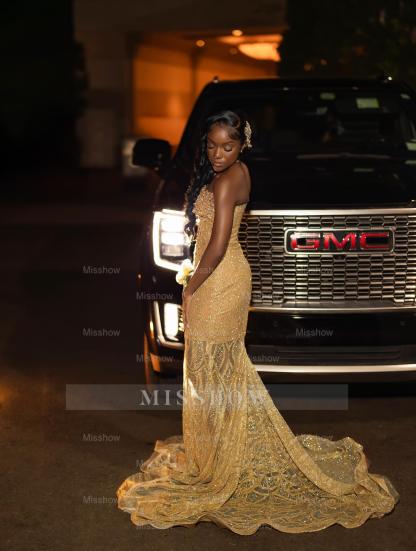 Designer Gold Strapless Sleeveless Mermaid Dress with Appliques and Sheer Train