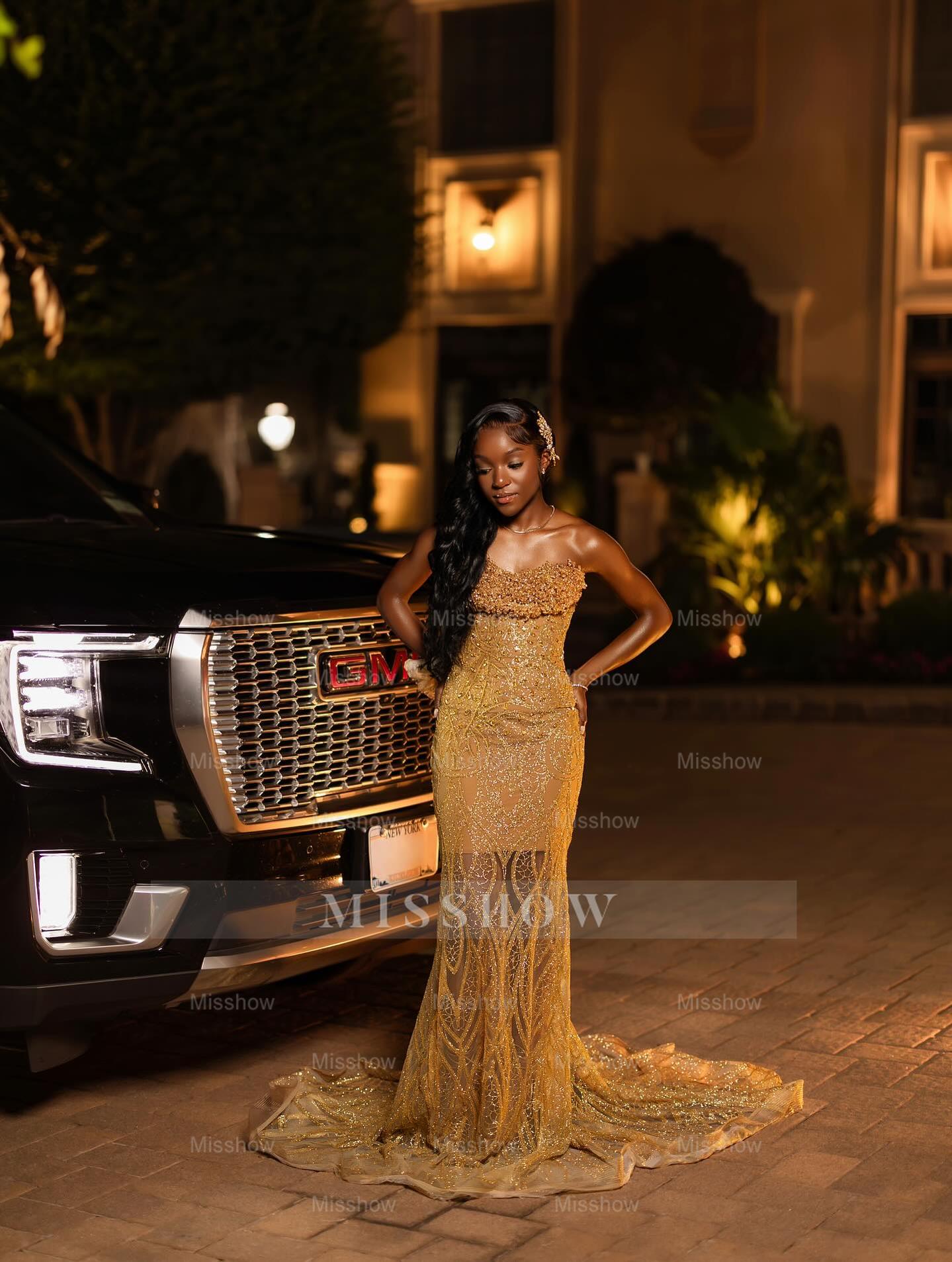 Designer Gold Strapless Sleeveless Mermaid Dress with Appliques and Sheer Train