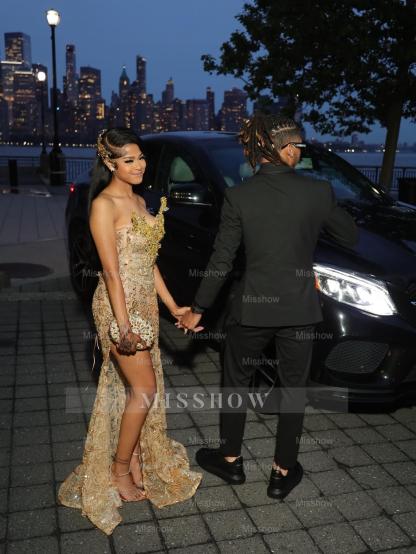 Designer Gold Sweetheart Sleeveless Mermaid Prom Dress with Beaded Appliques and Slit