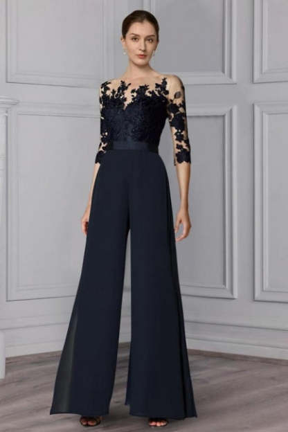 Designer Long Chiffon Festive Trouser Suits Lace Sleeves Mother of The Bride Dresses with Detachable Train