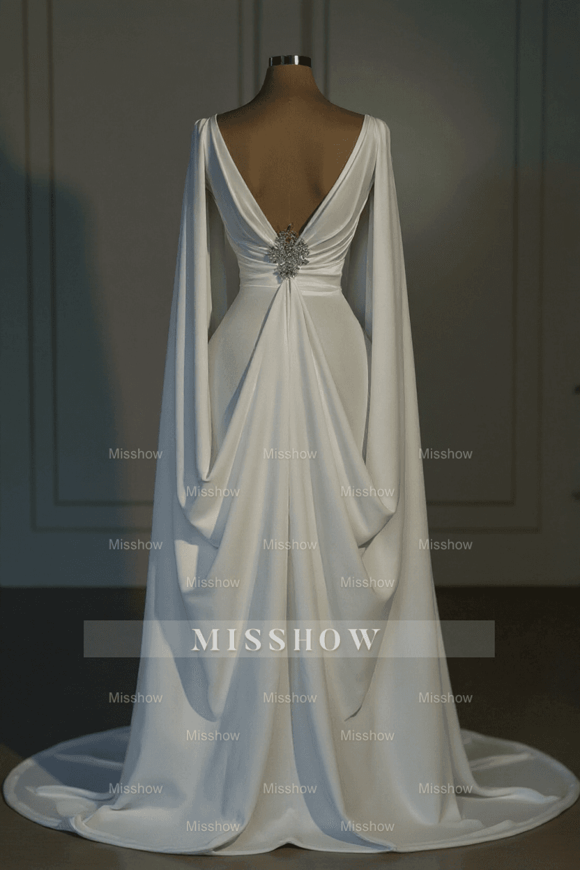 Designer Long Ivory A-line V-neck Satin Wedding Dress with Long Sleeves