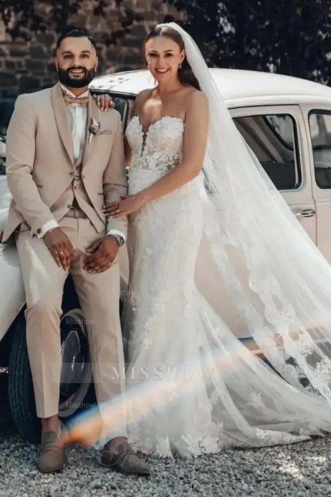 Designer Long Ivory Mermaid Strapless Lace Wedding Dress with Train