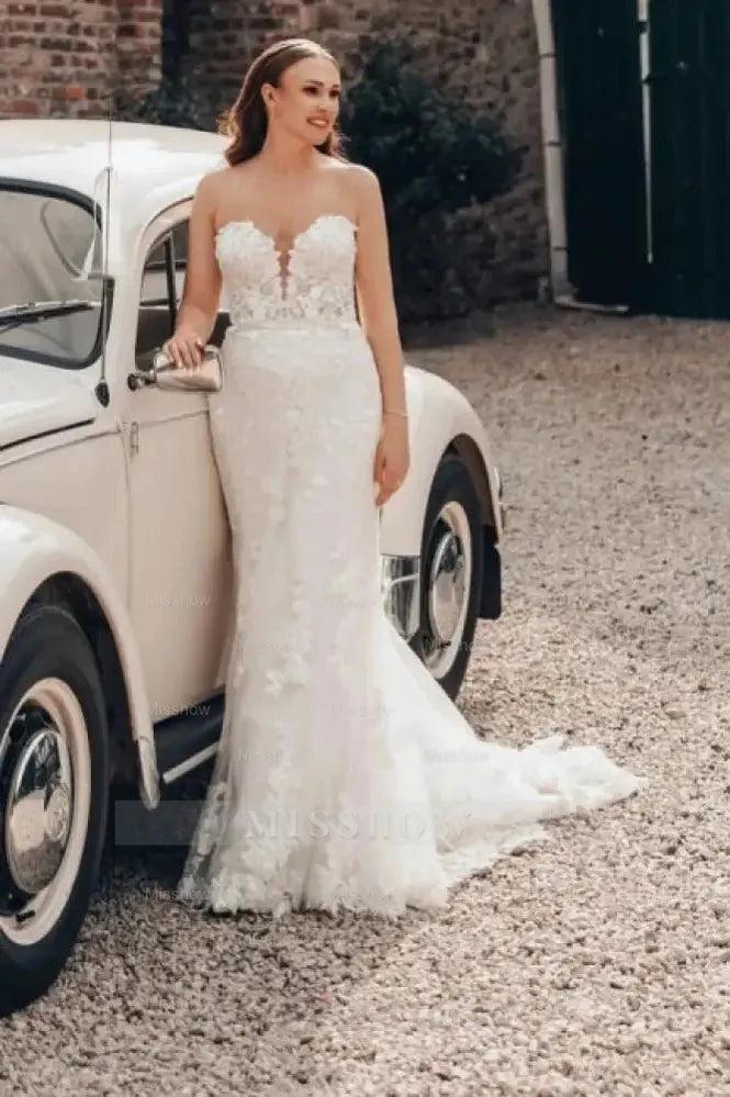 Designer Long Ivory Mermaid Strapless Lace Wedding Dress with Train