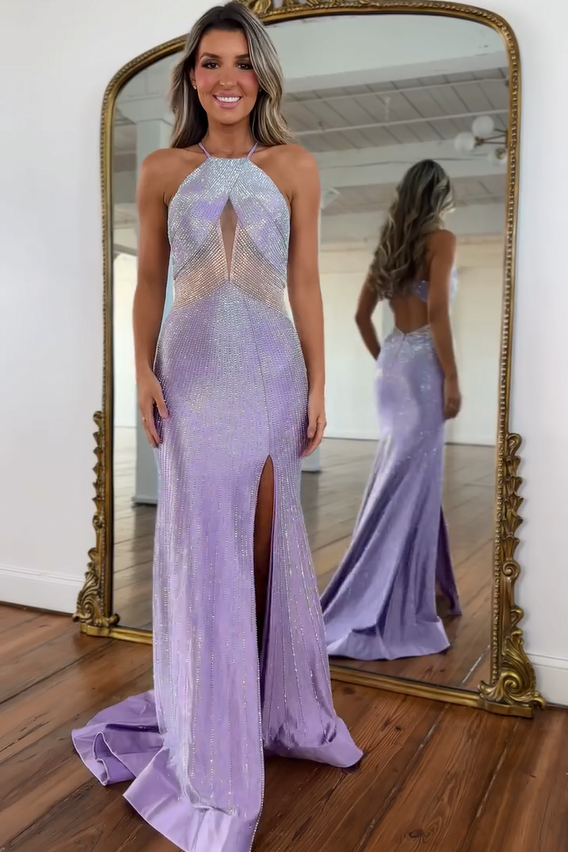 Designer Long Lilac Halter Sleeveless Glitter Prom Dress with Slit