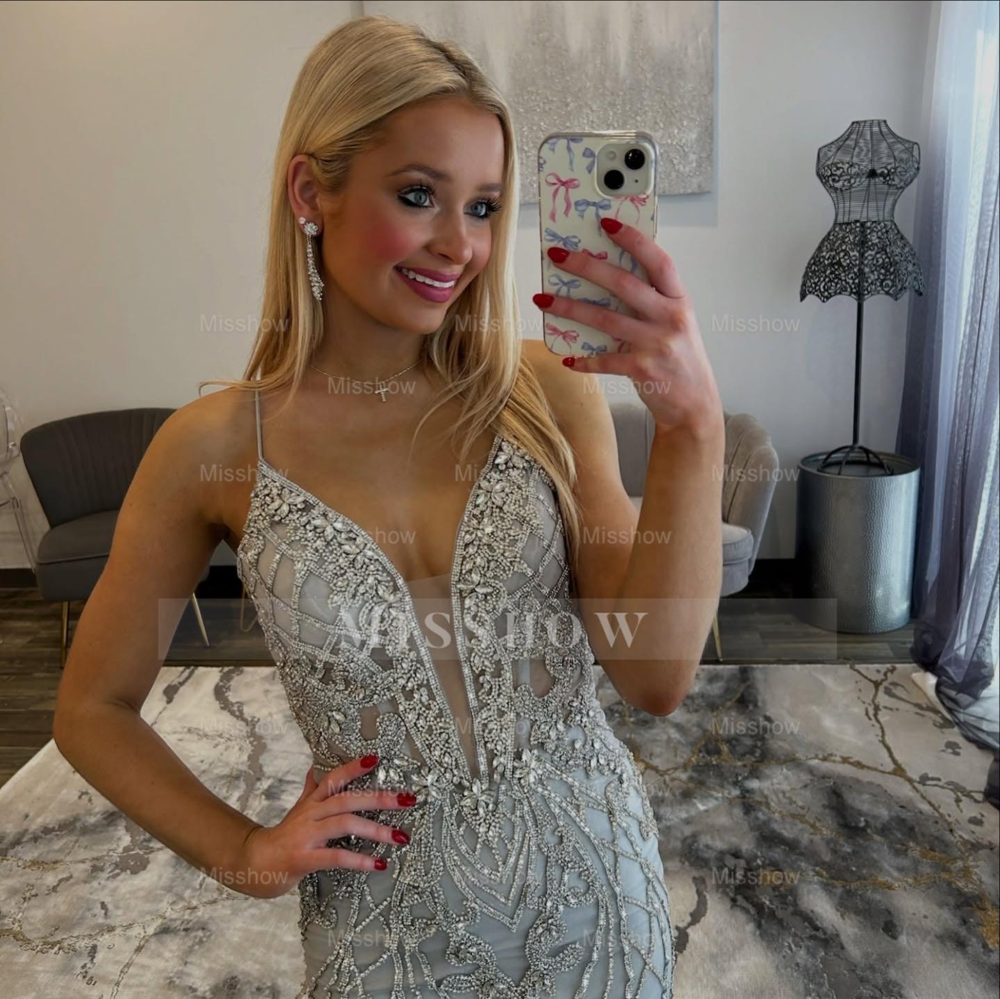 Designer Long Mermaid Silver Speghrtti Straps V-neck Lace Prom Dress