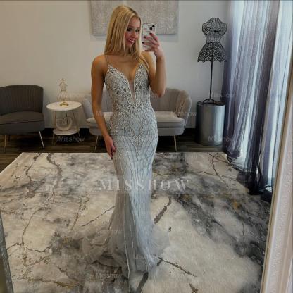 Designer Long Mermaid Silver Speghrtti Straps V-neck Lace Prom Dress