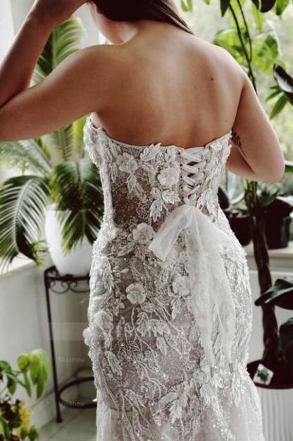 Designer Long Mermaid Strapless Lace Sequined Wedding Dress with Train