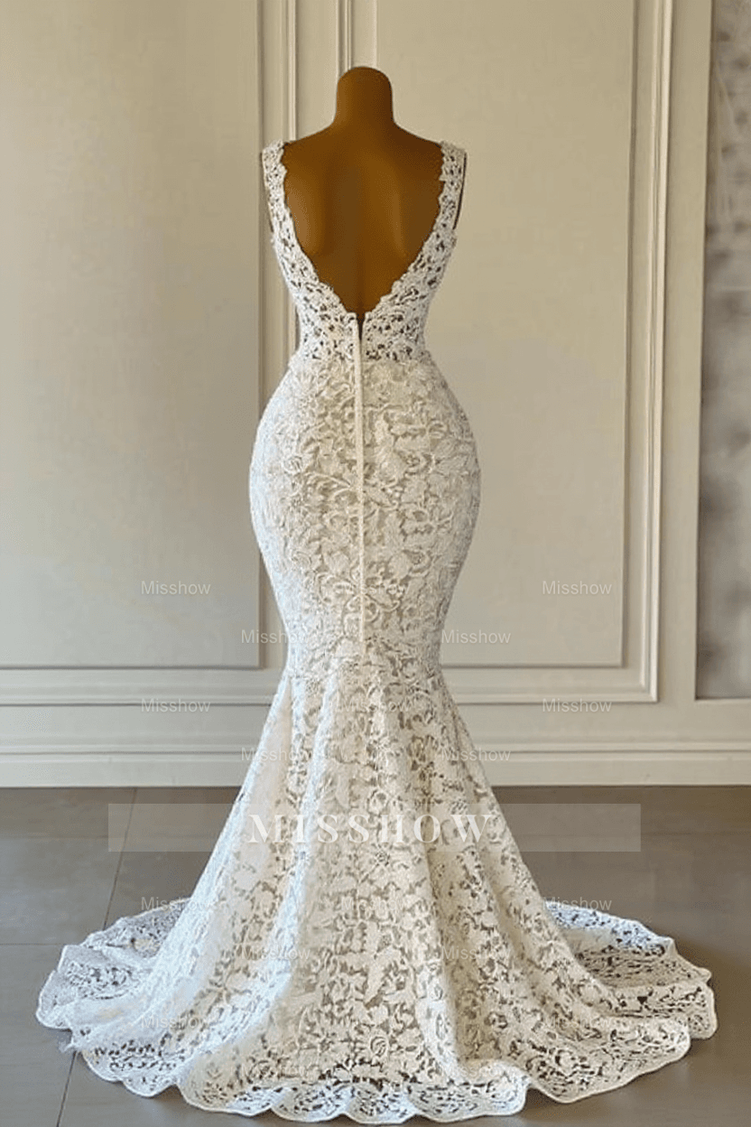 Designer Long Mermaid V-neck Sleeveless Wedding Dresses With Lace