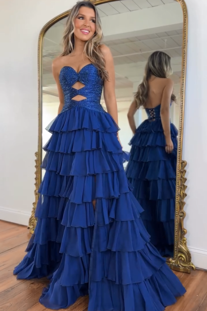 Designer Long Navy Strapless Glitter Cake Prom Dress with Slit