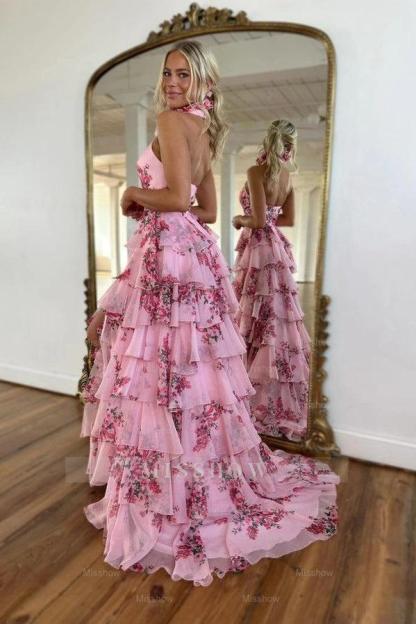 Designer Long Pink Halter Chiffon A-line Sleeveless Prom Dress with Slit
