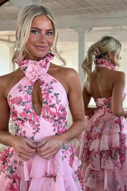 Designer Long Pink Halter Chiffon A-line Sleeveless Prom Dress with Slit