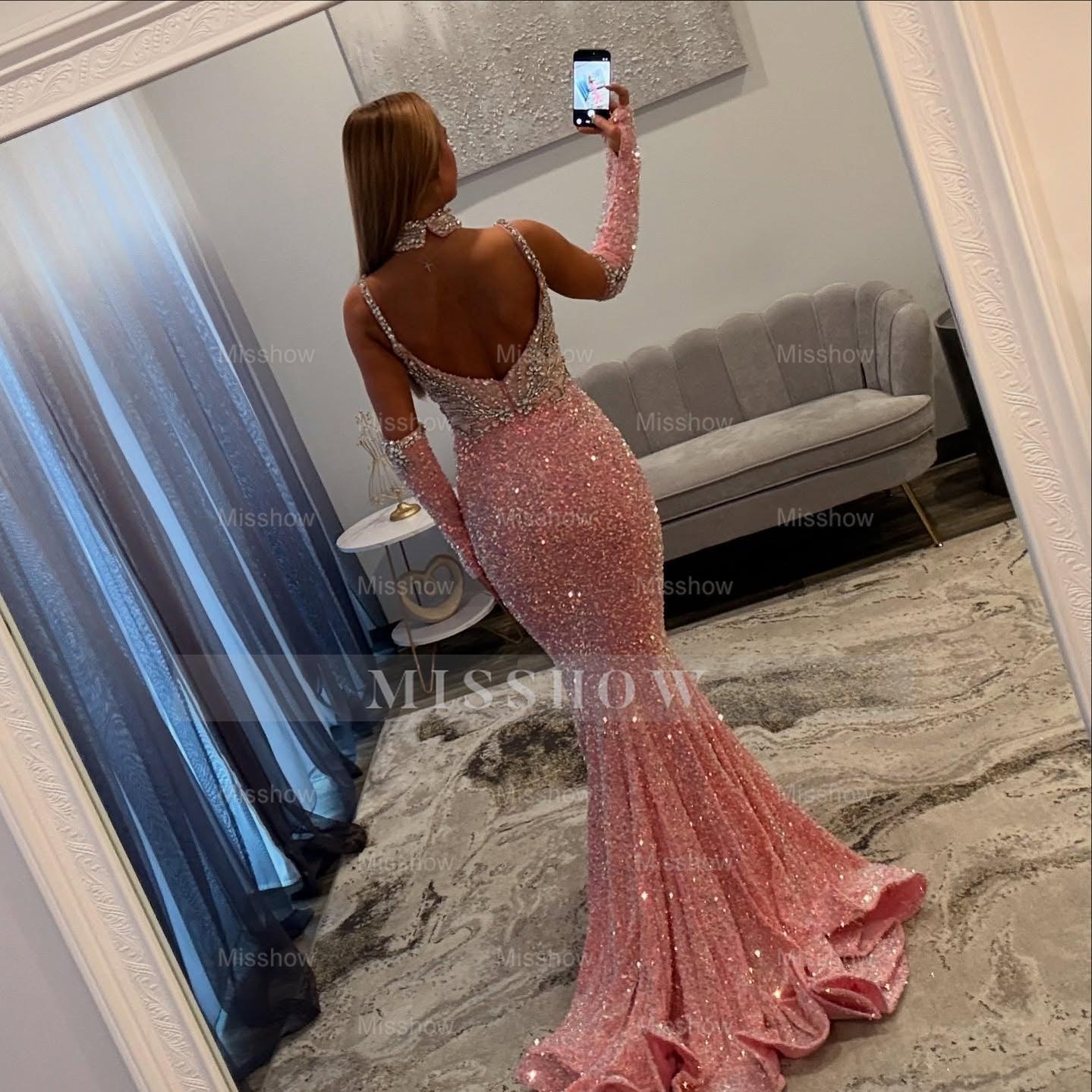 Designer Long Pink Mermaid Sequined Prom Dress with Gloves