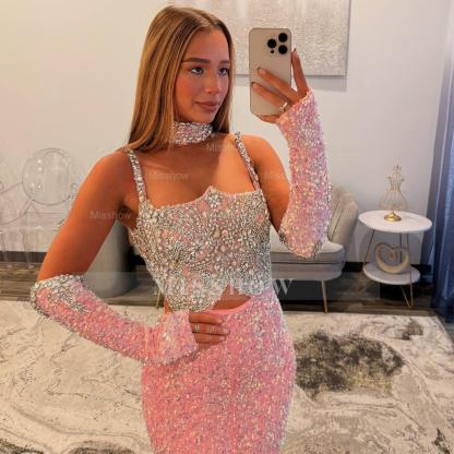Designer Long Pink Mermaid Sequined Prom Dress with Gloves