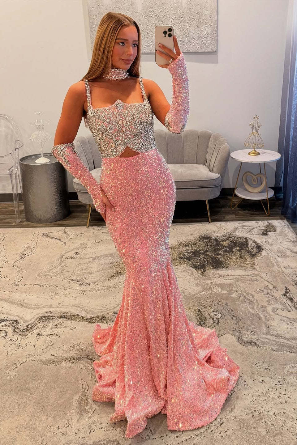 Designer Long Pink Mermaid Sequined Prom Dress with Gloves