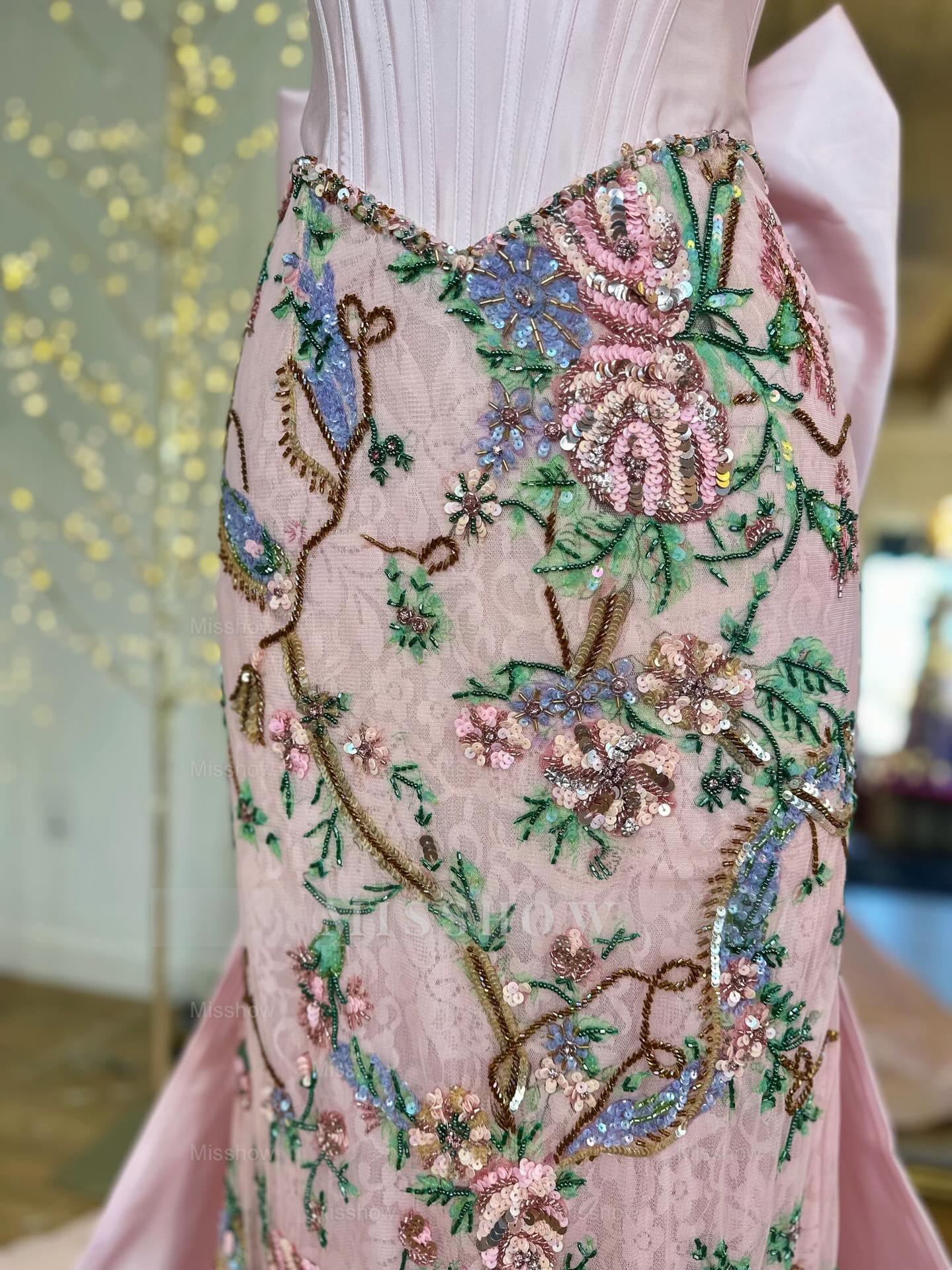 Designer Long Pink Strapless Mermaid Beaded Lace Prom Dress with Bow