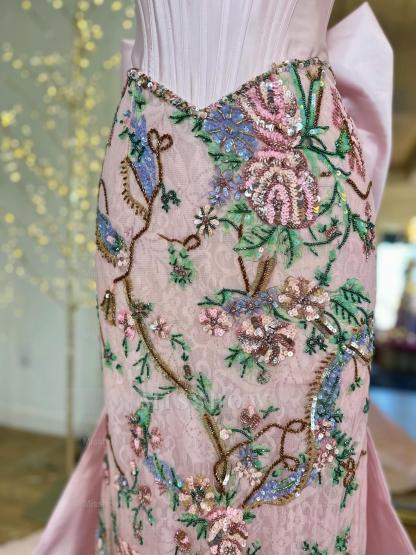 Designer Long Pink Strapless Mermaid Beaded Lace Prom Dress with Bow