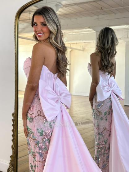Designer Long Pink Strapless Mermaid Beaded Lace Prom Dress with Bow