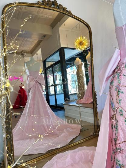 Designer Long Pink Strapless Mermaid Beaded Lace Prom Dress with Bow