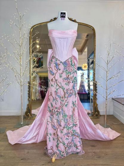 Designer Long Pink Strapless Mermaid Beaded Lace Prom Dress with Bow