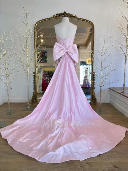 Designer Long Pink Strapless Mermaid Beaded Lace Prom Dress with Bow