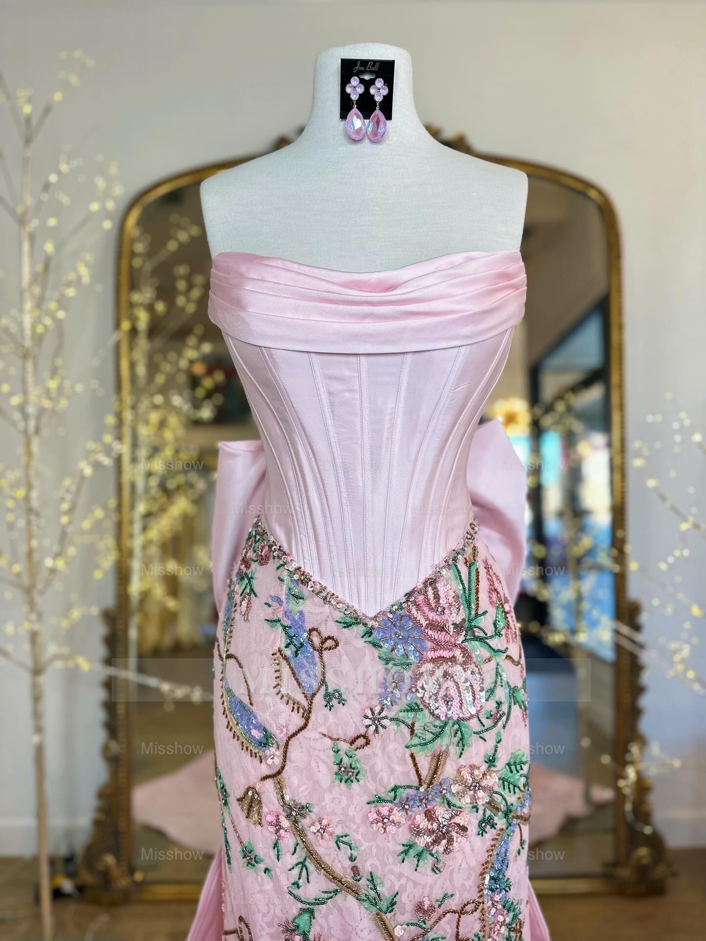 Designer Long Pink Strapless Mermaid Beaded Lace Prom Dress with Bow