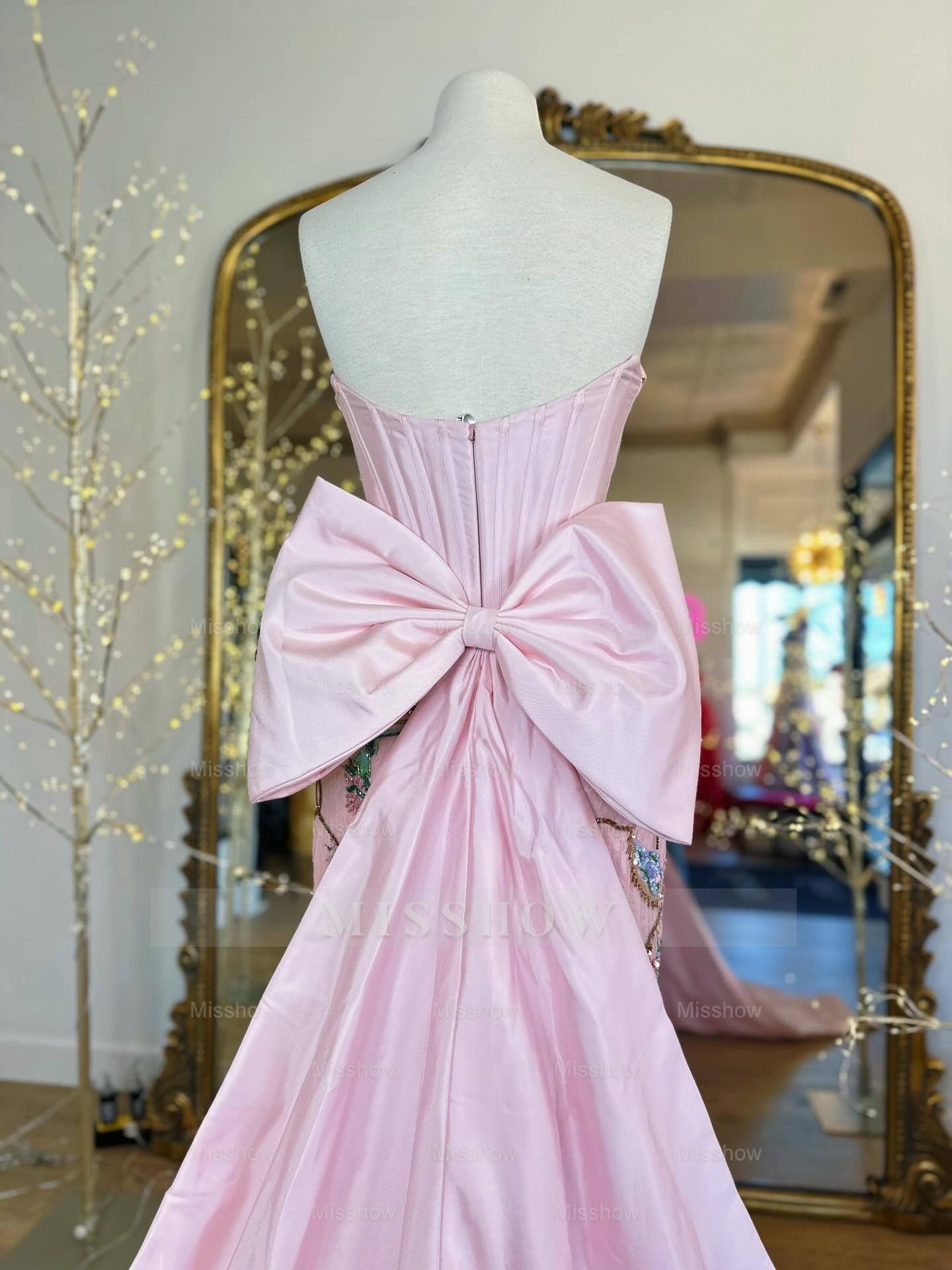 Designer Long Pink Strapless Mermaid Beaded Lace Prom Dress with Bow