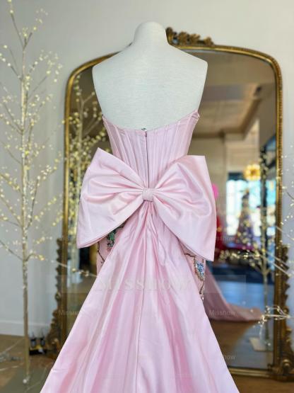 Designer Long Pink Strapless Mermaid Beaded Lace Prom Dress with Bow