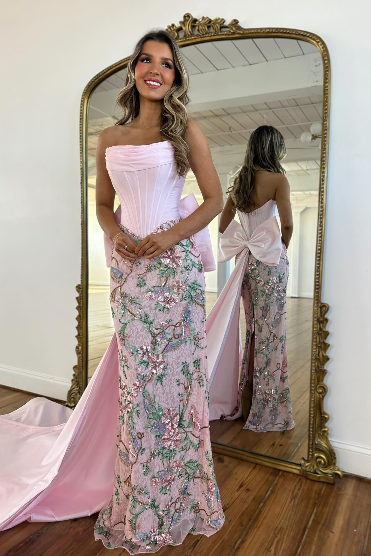 Designer Long Pink Strapless Mermaid Beaded Lace Prom Dress with Bow