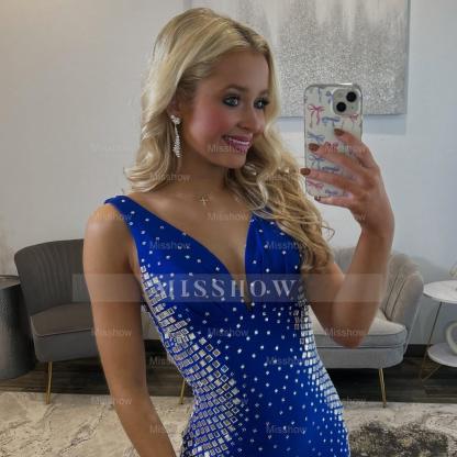 Designer Long Royal Blue Mermaid Sleeveless Glitter Prom Dress with Slit