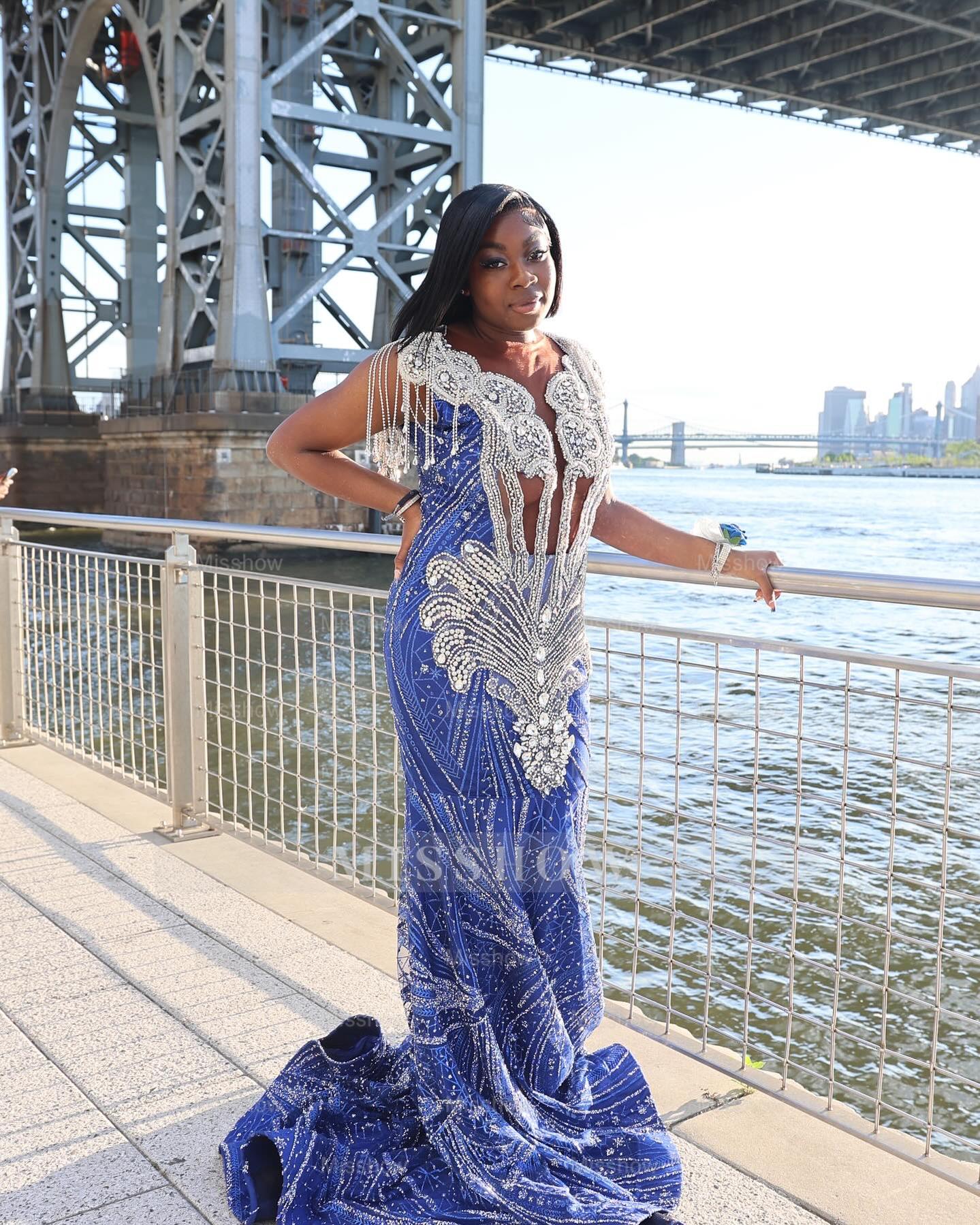 Designer Long Royal Blue V-Neck Cap Sleeves Mermaid Prom Dress with Rhinestones and Tassels