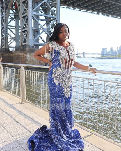 Designer Long Royal Blue V-Neck Cap Sleeves Mermaid Prom Dress with Rhinestones and Tassels