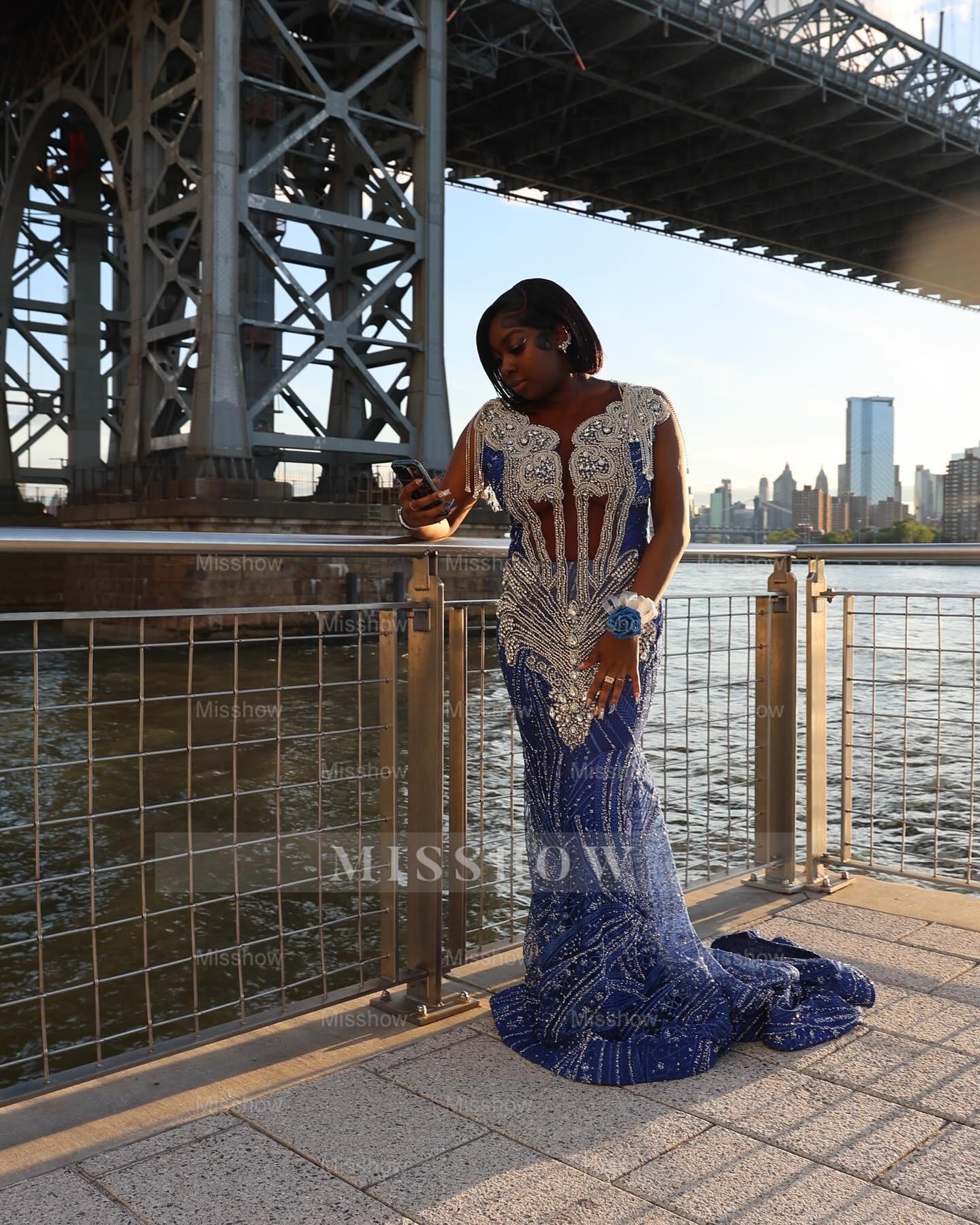 Designer Long Royal Blue V-Neck Cap Sleeves Mermaid Prom Dress with Rhinestones and Tassels