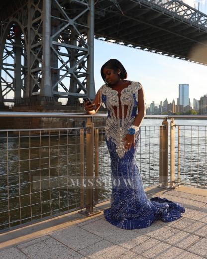 Designer Long Royal Blue V-Neck Cap Sleeves Mermaid Prom Dress with Rhinestones and Tassels