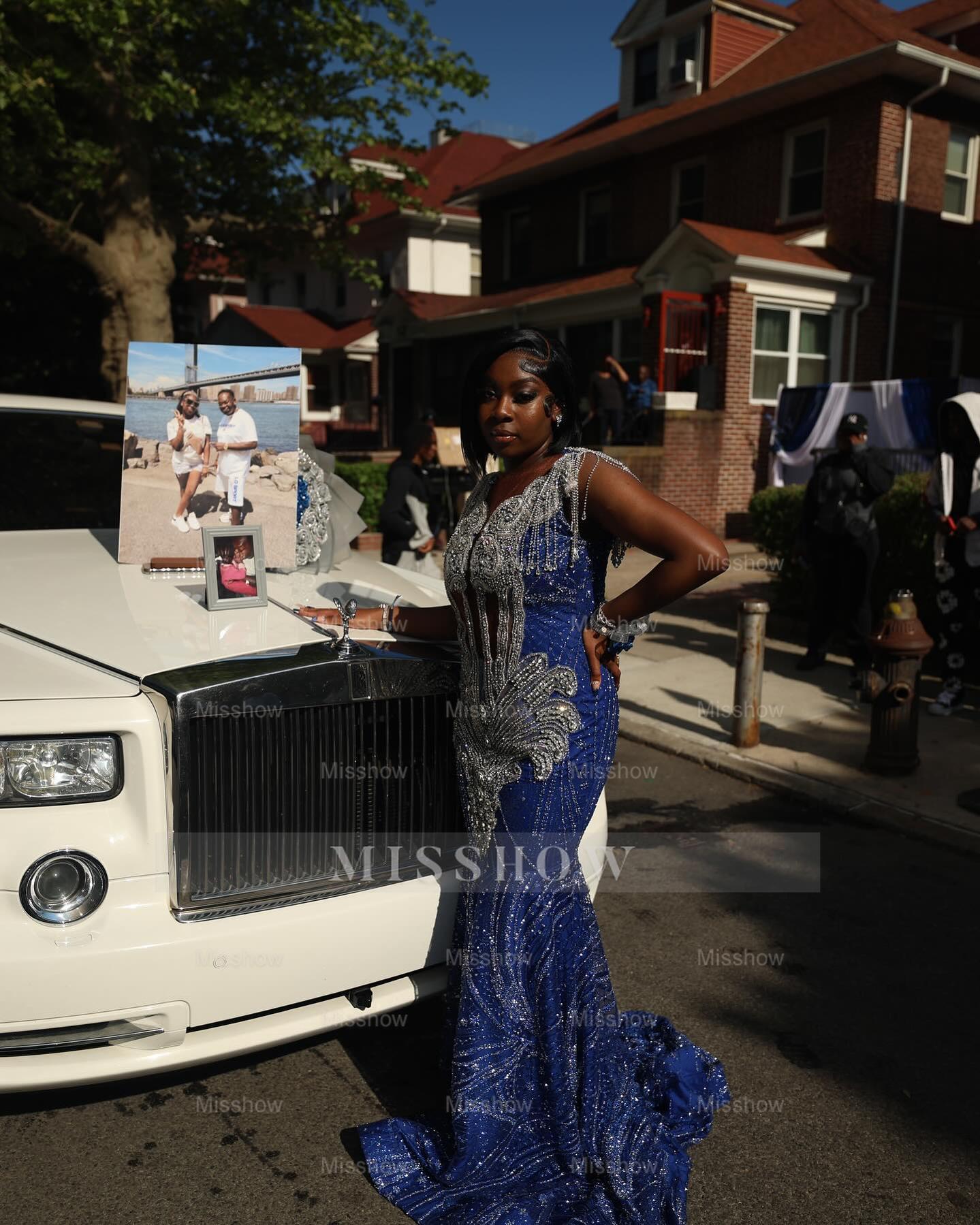 Designer Long Royal Blue V-Neck Cap Sleeves Mermaid Prom Dress with Rhinestones and Tassels