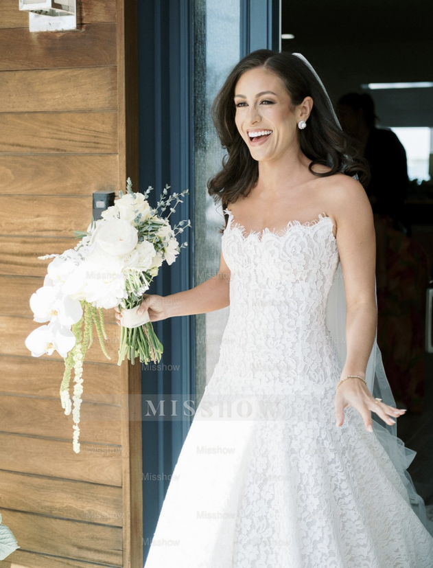 Designer Long White A-line Strapless Lace Sleeveless Wedding Dress