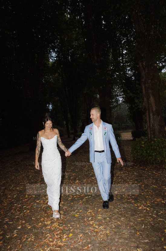 Designer Long White Strapless Column Satin Wedding Dress